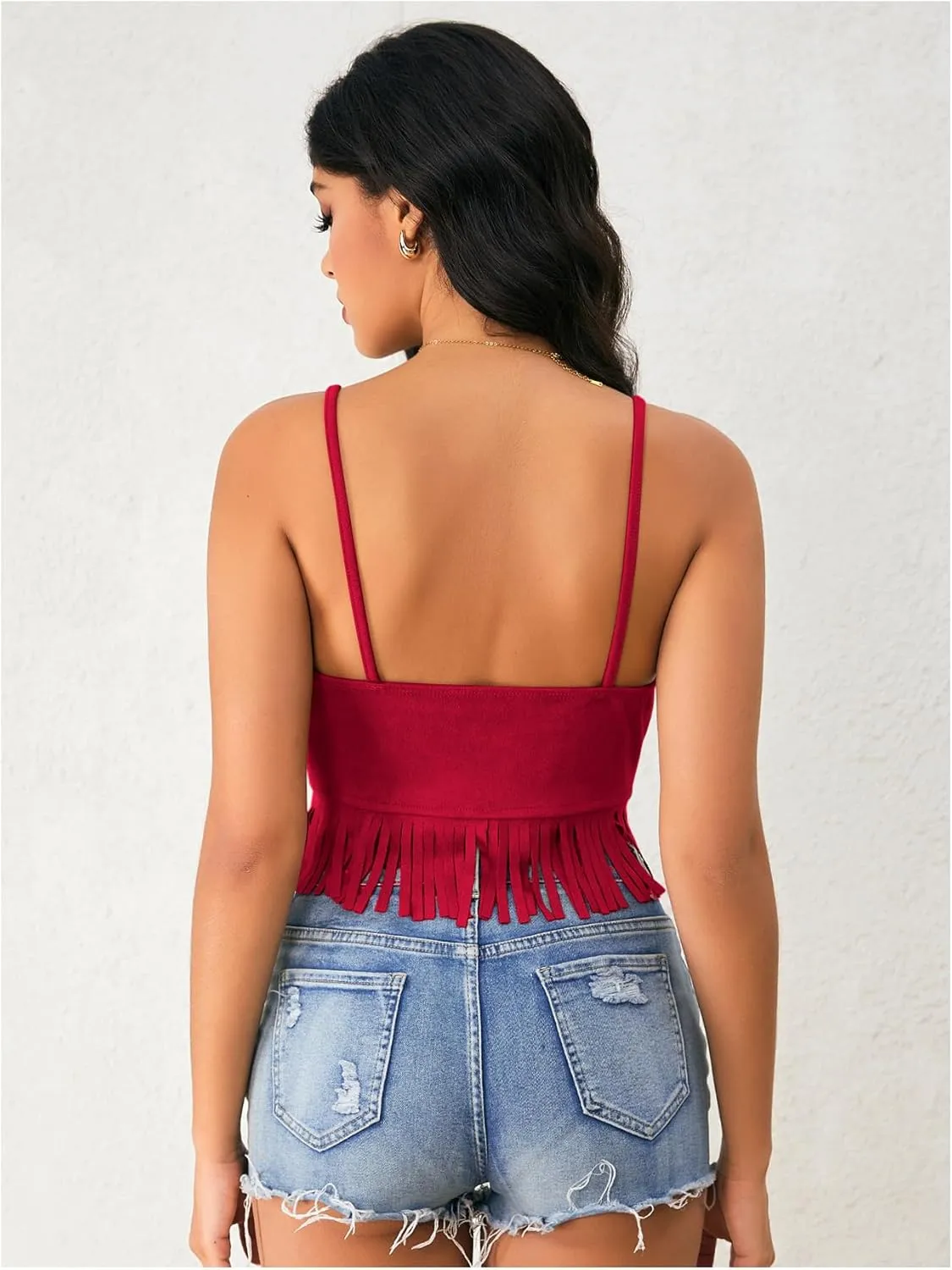 OYOANGLE Women's Y2K Fringe Sleeveless Spaghetti Strap Faux Suede Vintage Hippie Crop Top Blouse