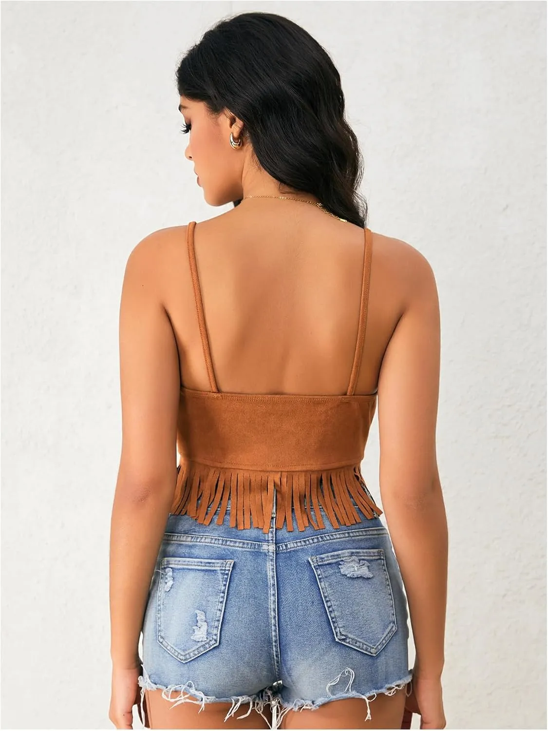 OYOANGLE Women's Y2K Fringe Sleeveless Spaghetti Strap Faux Suede Vintage Hippie Crop Top Blouse