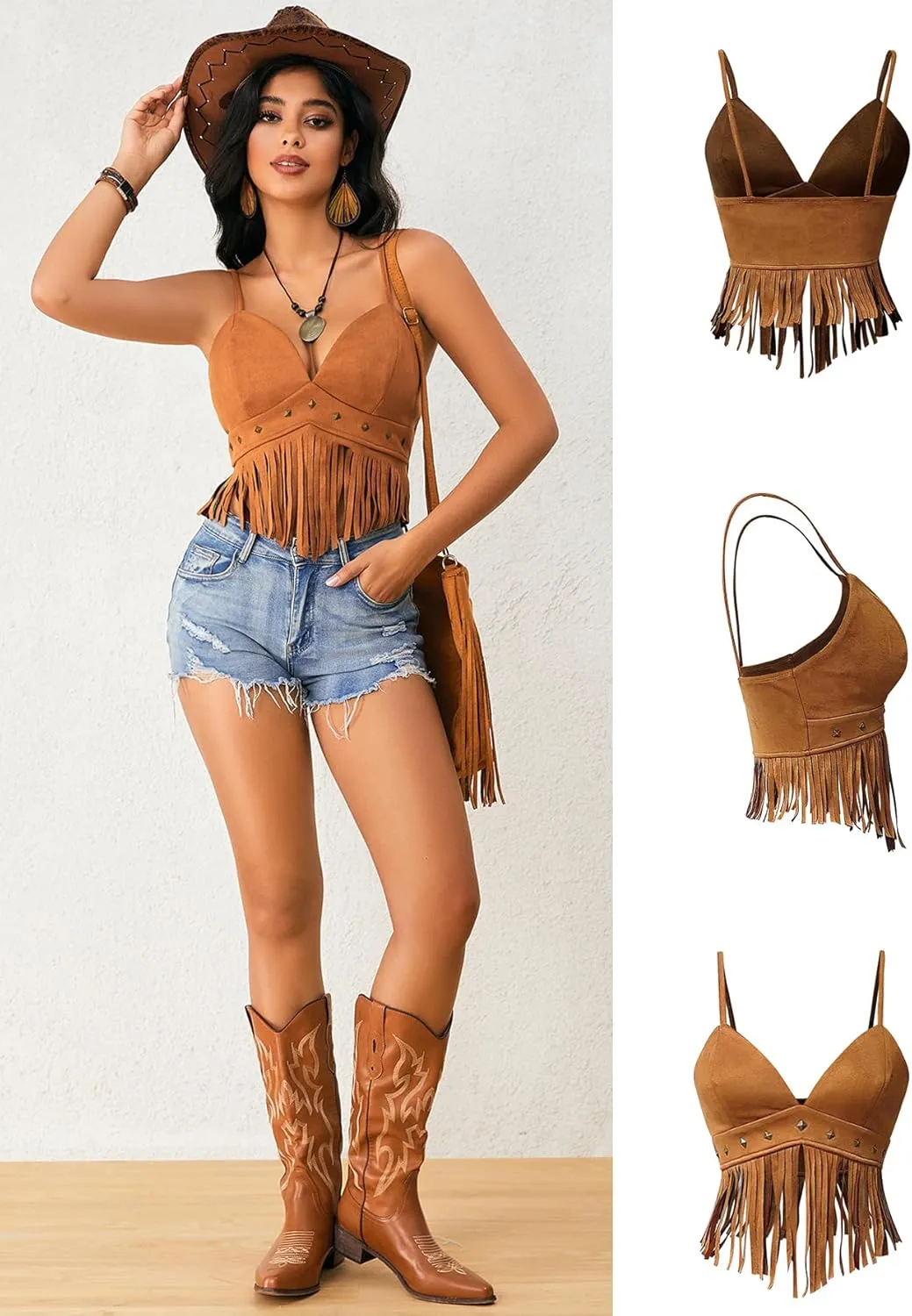 OYOANGLE Women's Y2K Fringe Sleeveless Spaghetti Strap Faux Suede Vintage Hippie Crop Top Blouse