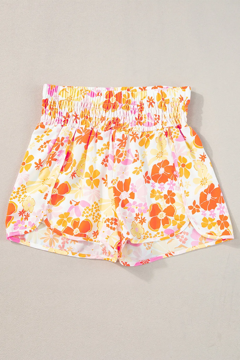 Pink Boho Floral Shirred High Waist Casual Shorts