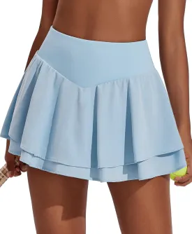 PINSPARK Womens Pleated Tennis Skirt Double Ruffle Golf Skort Tummy Control Athletic Skirts with 3 Pockets Workout Pickleball