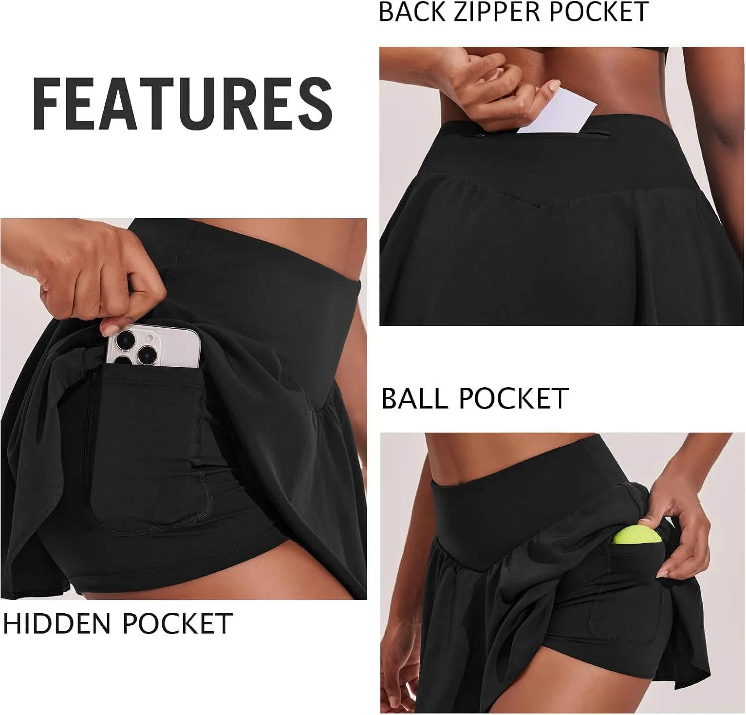 PINSPARK Womens Pleated Tennis Skirt Double Ruffle Golf Skort Tummy Control Athletic Skirts with 3 Pockets Workout Pickleball