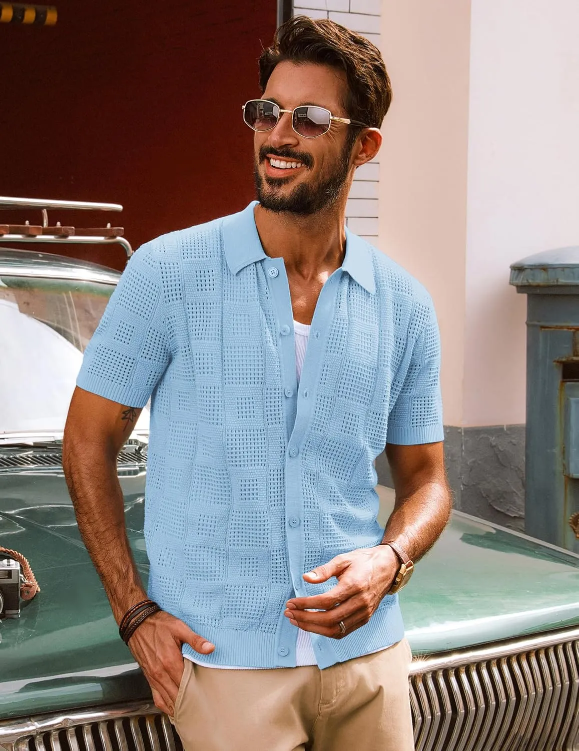 PJ PAUL JONES Men's Knit Button Down Shirts Short Sleeve Vintage Polo Shirt Casual Summer Beach Shirts