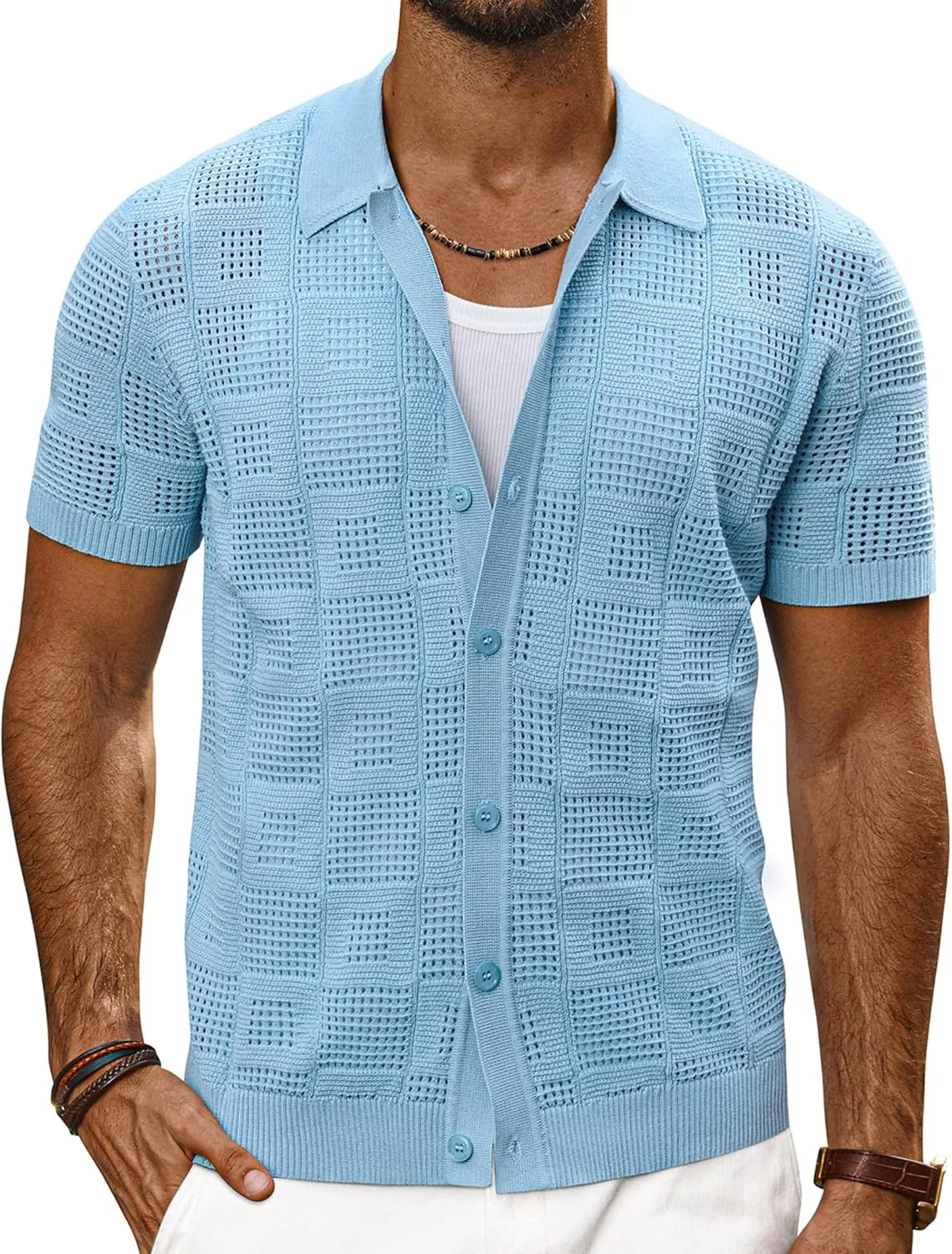 PJ PAUL JONES Men's Knit Button Down Shirts Short Sleeve Vintage Polo Shirt Casual Summer Beach Shirts