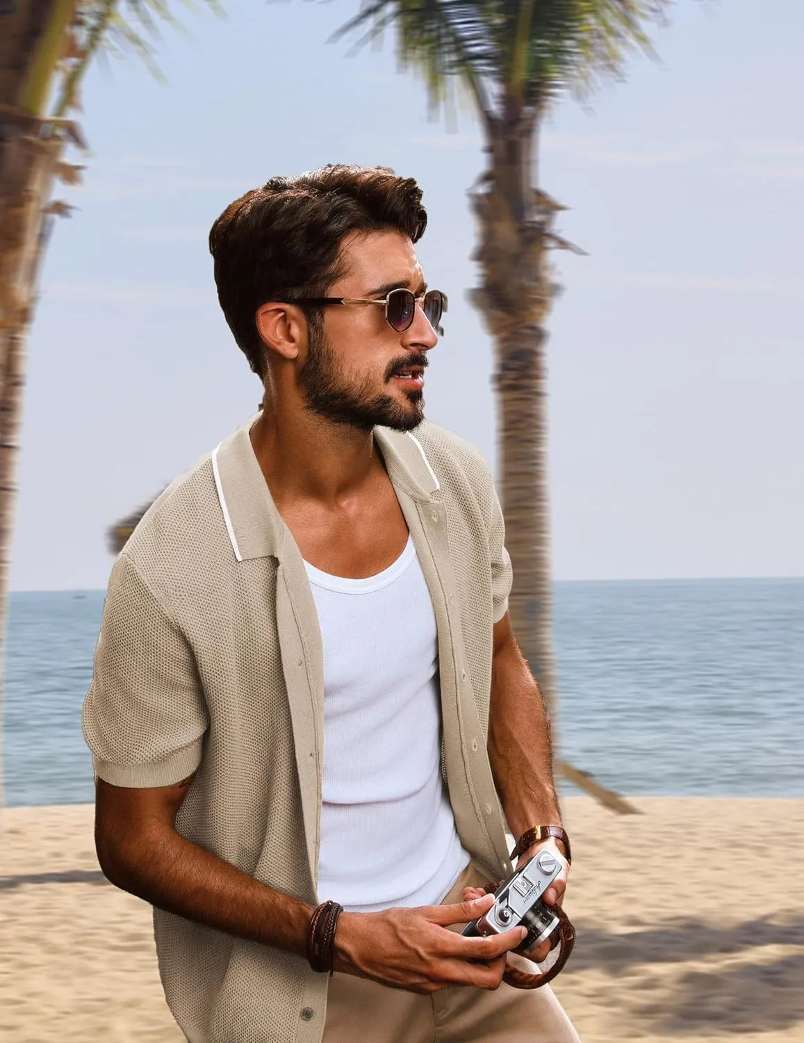 PJ PAUL JONES Men's Knit Button Down Shirts Short Sleeve Vintage Polo Shirt Casual Summer Beach Shirts