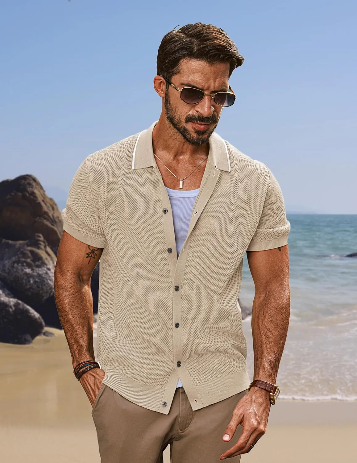 PJ PAUL JONES Men's Knit Button Down Shirts Short Sleeve Vintage Polo Shirt Casual Summer Beach Shirts