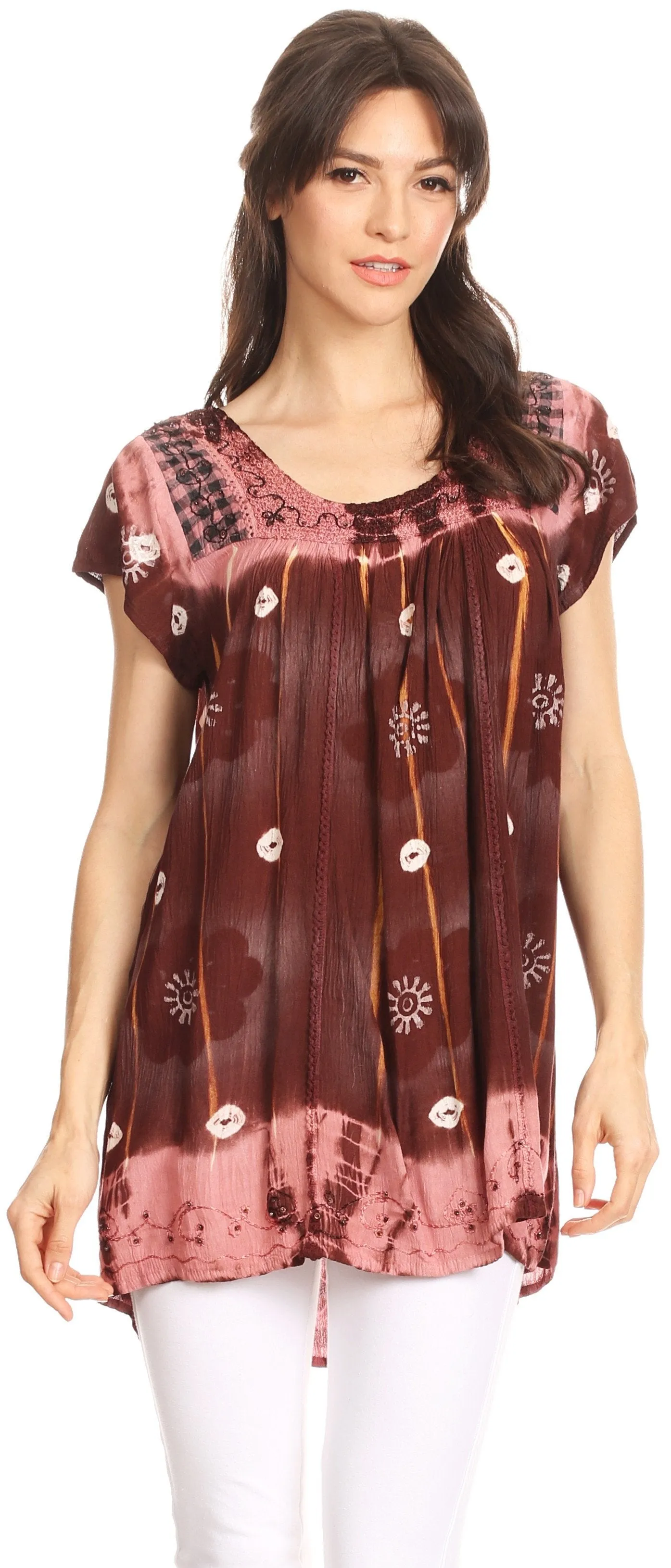 Sakkas Short Sleeve Tie Dye Gingham Peasant Top with Sequin Embroidery