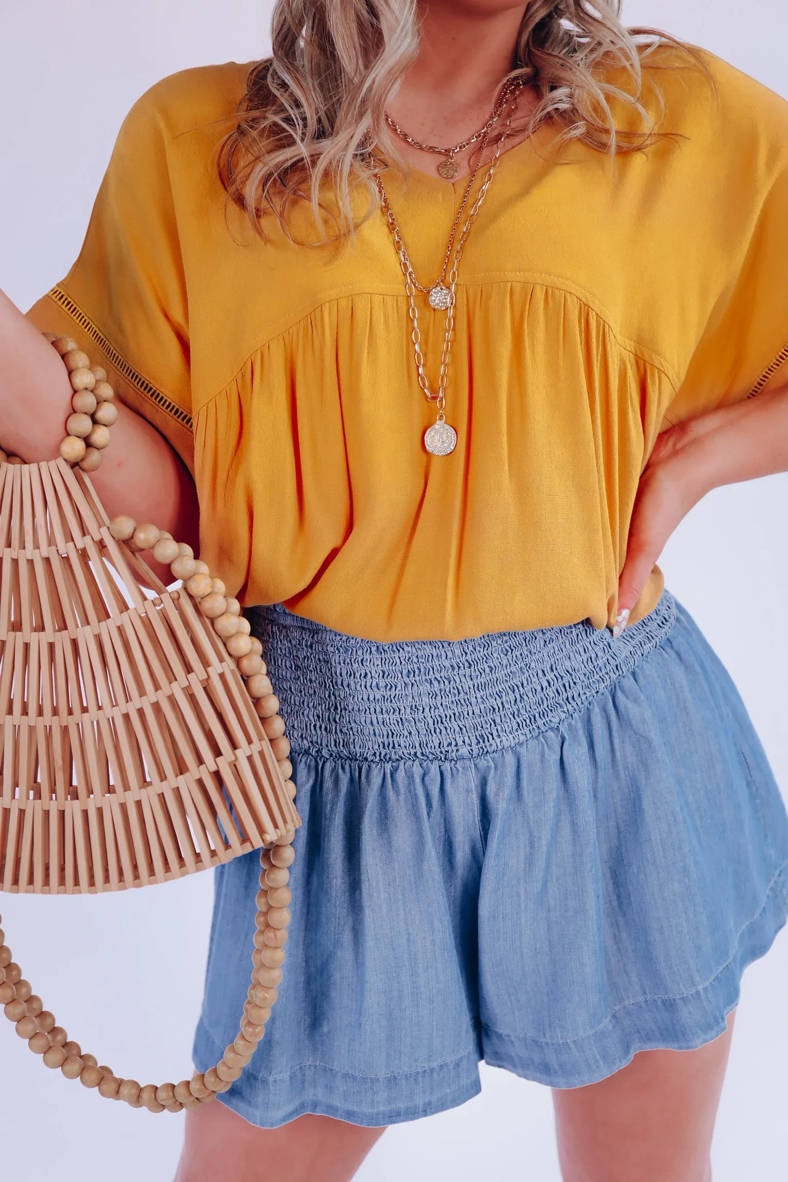 Samantha Smocked Waist Cotton Denim Shorts