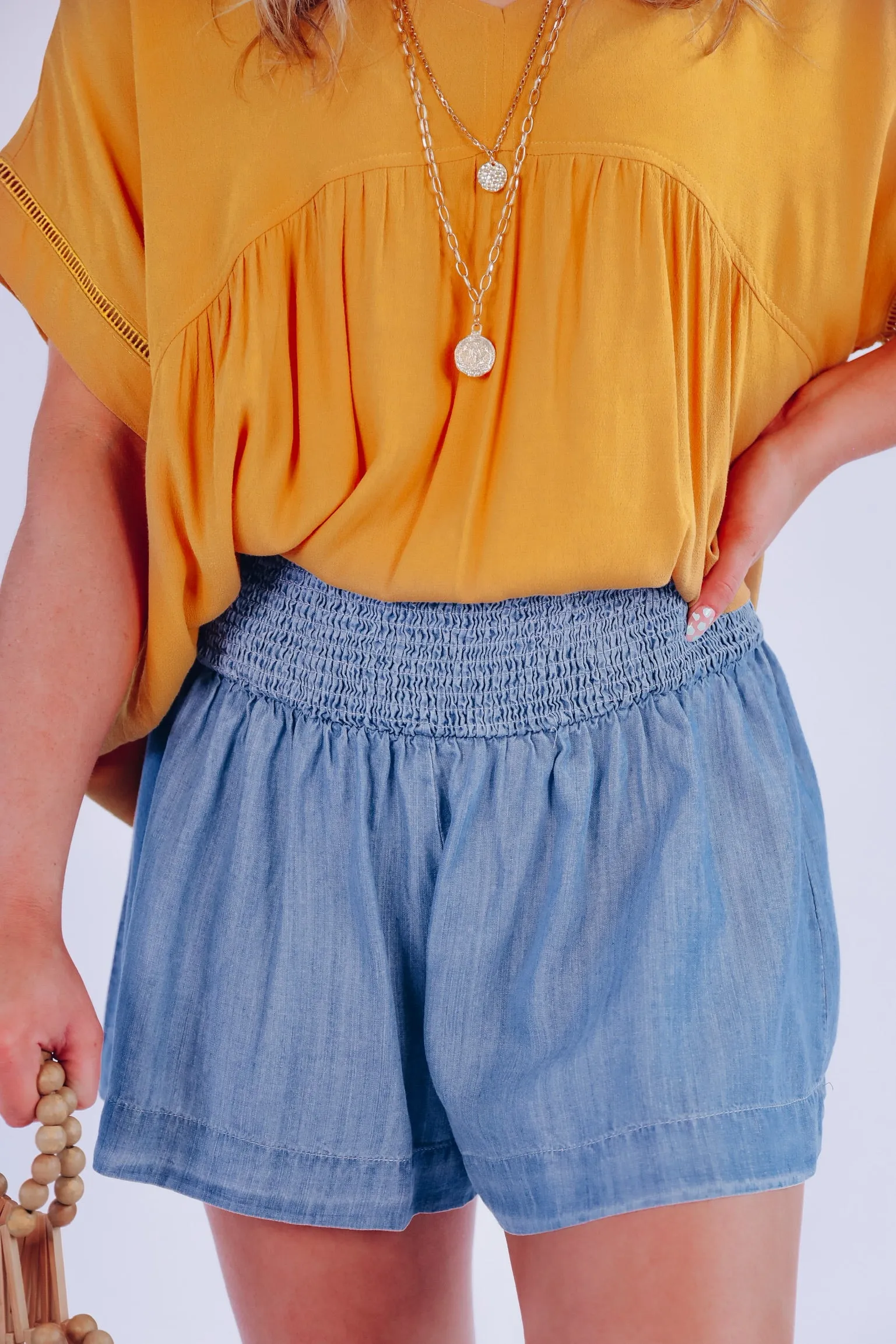 Samantha Smocked Waist Cotton Denim Shorts