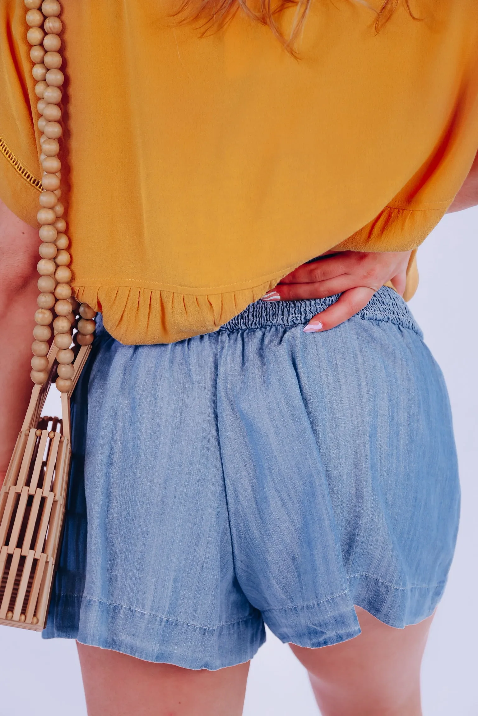 Samantha Smocked Waist Cotton Denim Shorts