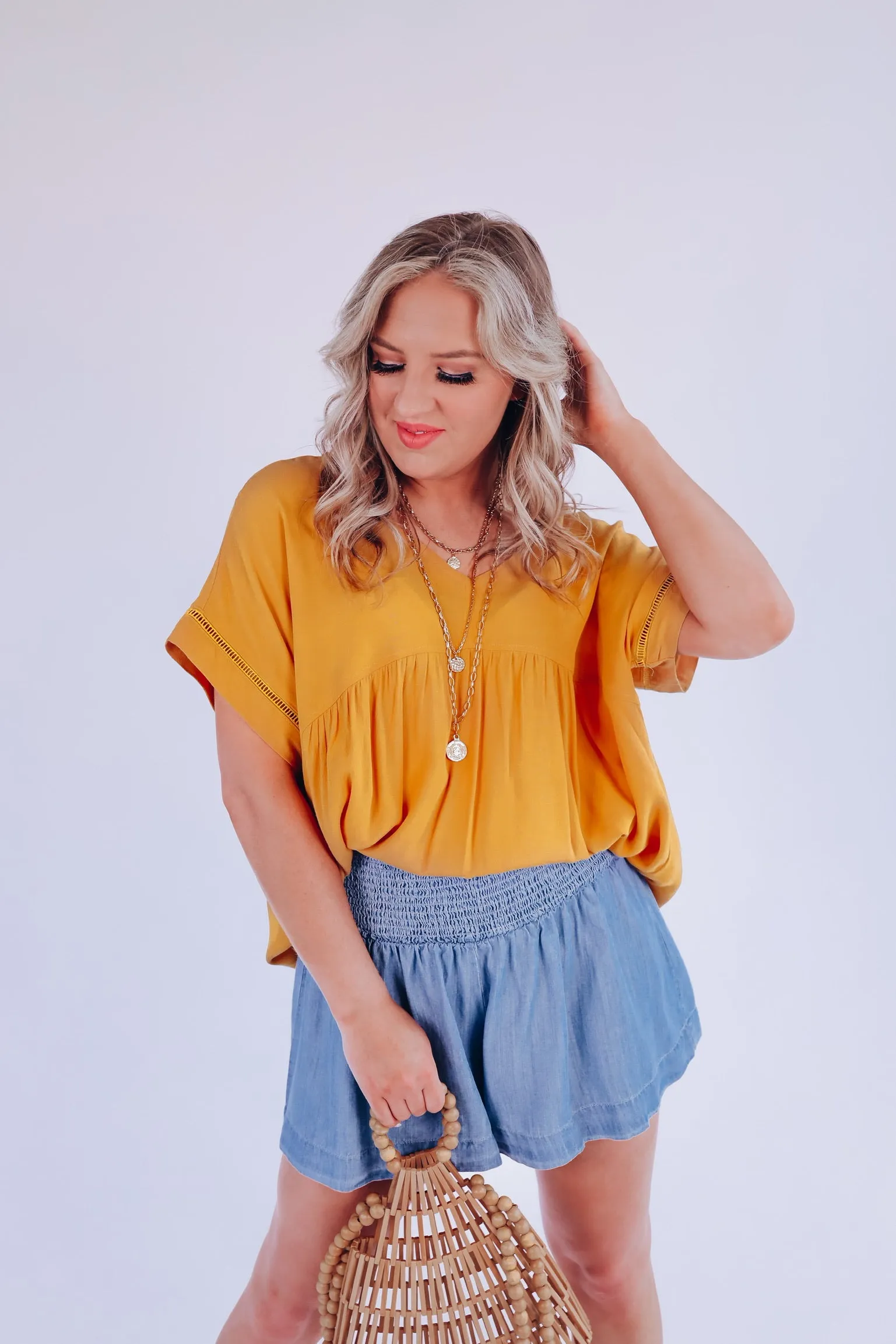 Samantha Smocked Waist Cotton Denim Shorts