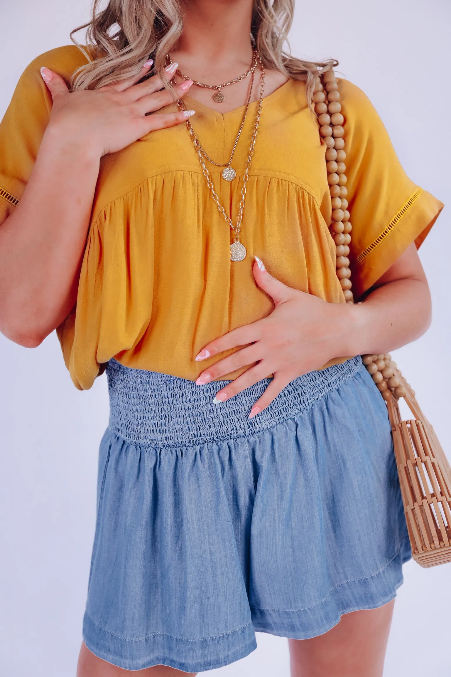 Samantha Smocked Waist Cotton Denim Shorts