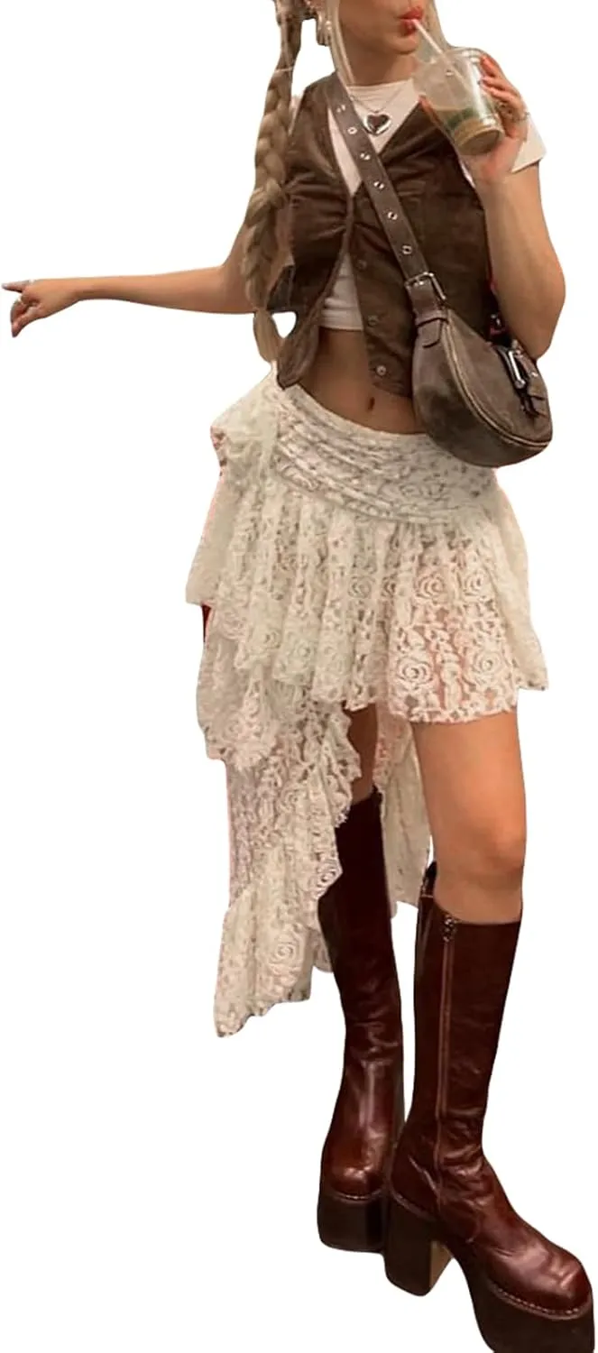 Seyurigaoka Women Y2k Ruffle Mini Skirt Asymmetrical Hem A Line Mini Short Pleated Skirt Summer Fairycore Skirt Streetwear
