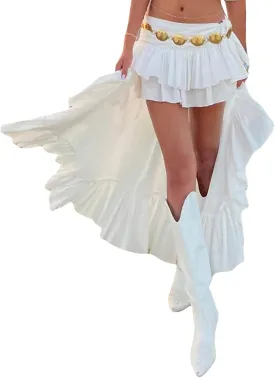 Seyurigaoka Women Y2k Ruffle Mini Skirt Asymmetrical Hem A Line Mini Short Pleated Skirt Summer Fairycore Skirt Streetwear
