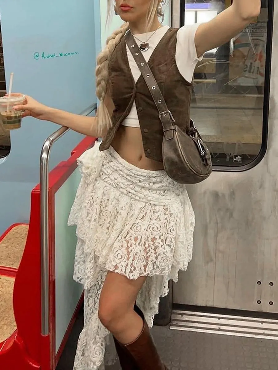Seyurigaoka Women Y2k Ruffle Mini Skirt Asymmetrical Hem A Line Mini Short Pleated Skirt Summer Fairycore Skirt Streetwear