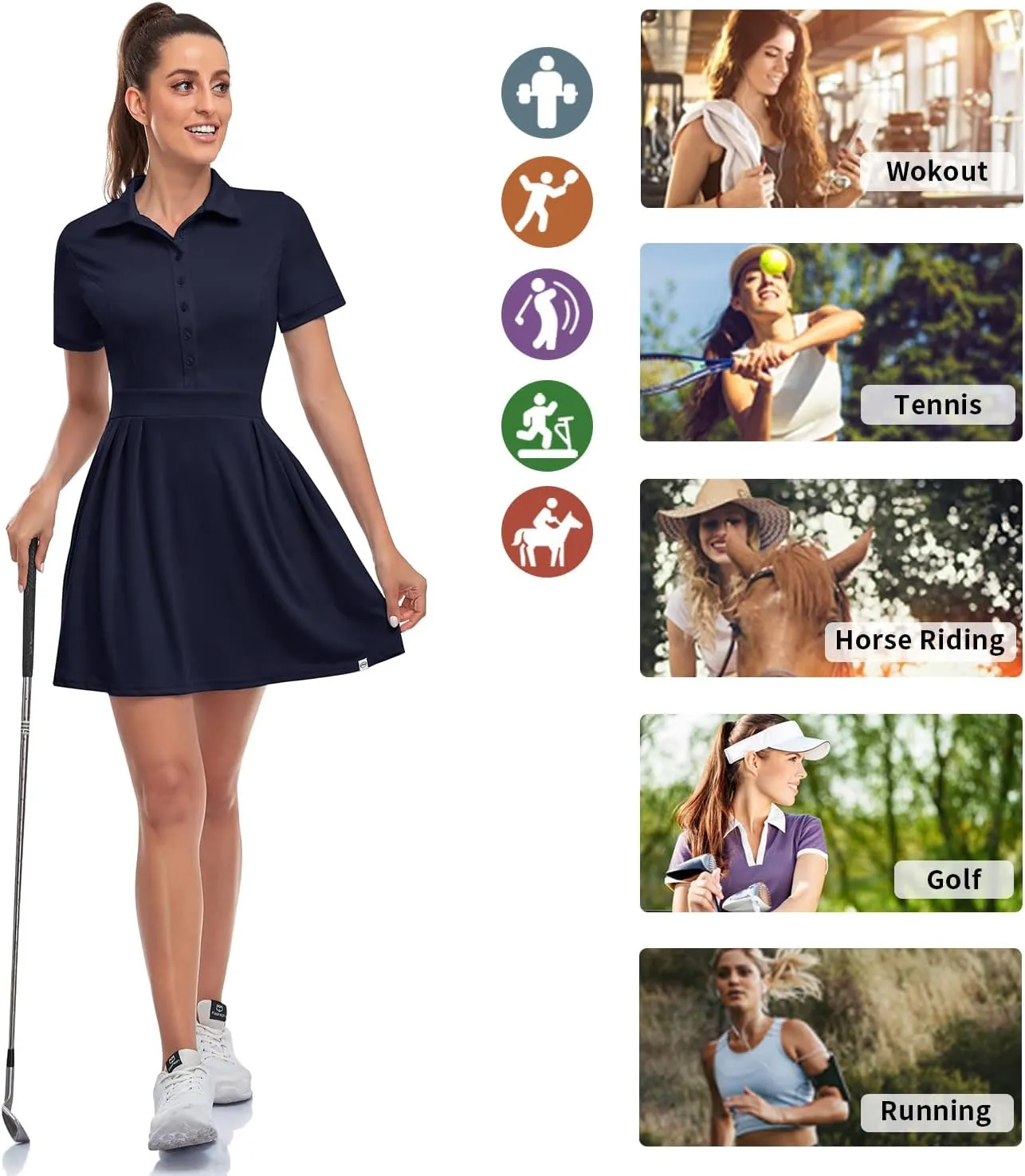 Soneven Women Polo Golf Tennis Dress Built in Shorts Short Sleeve Workout Athletic Pleated Dresses with Pockets