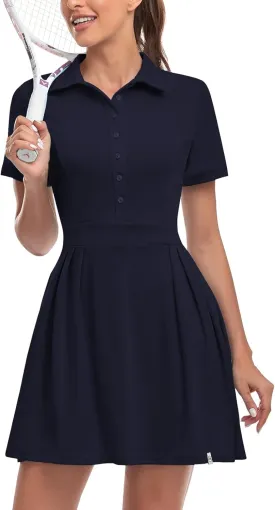 Soneven Women Polo Golf Tennis Dress Built in Shorts Short Sleeve Workout Athletic Pleated Dresses with Pockets