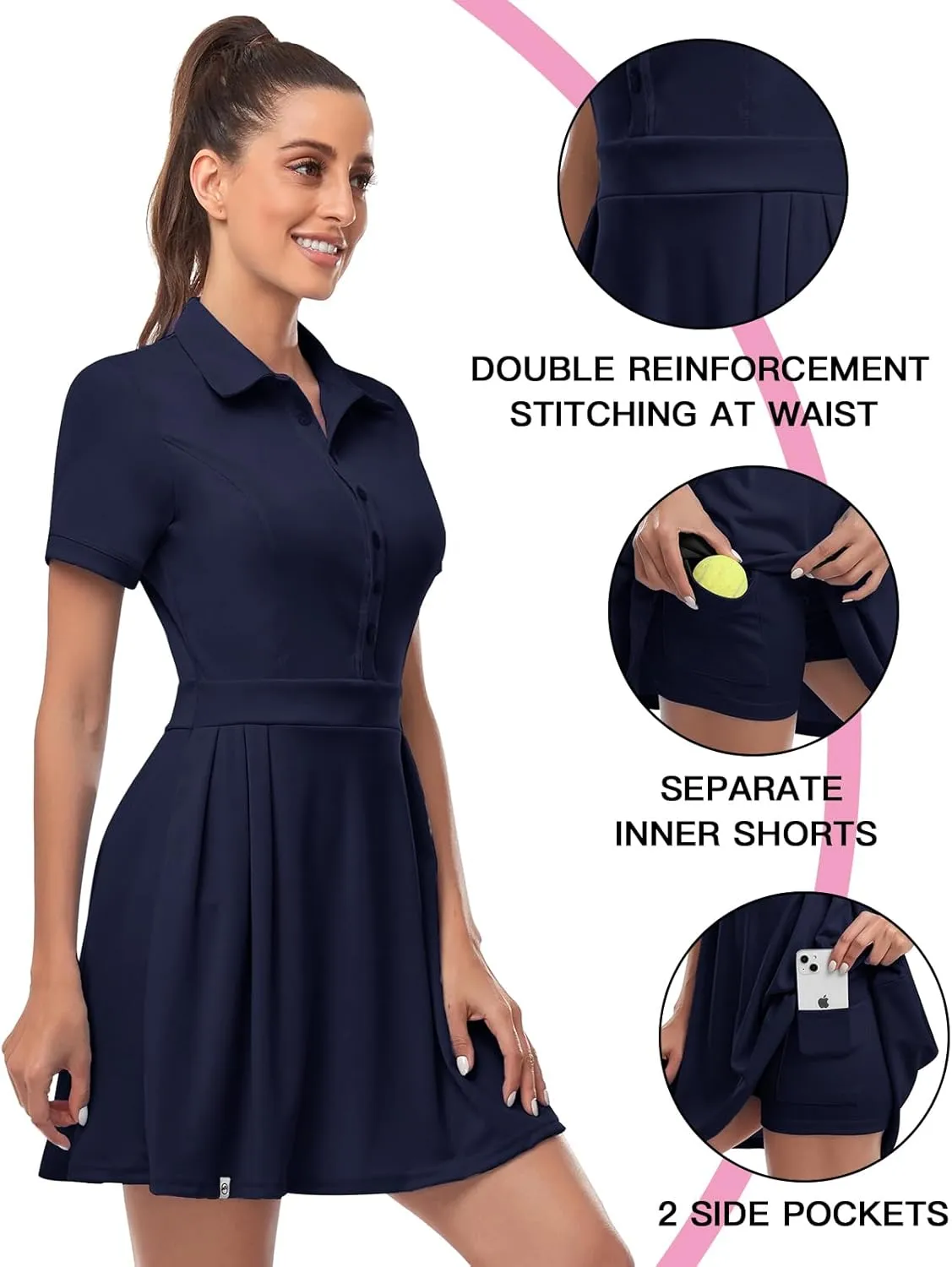 Soneven Women Polo Golf Tennis Dress Built in Shorts Short Sleeve Workout Athletic Pleated Dresses with Pockets