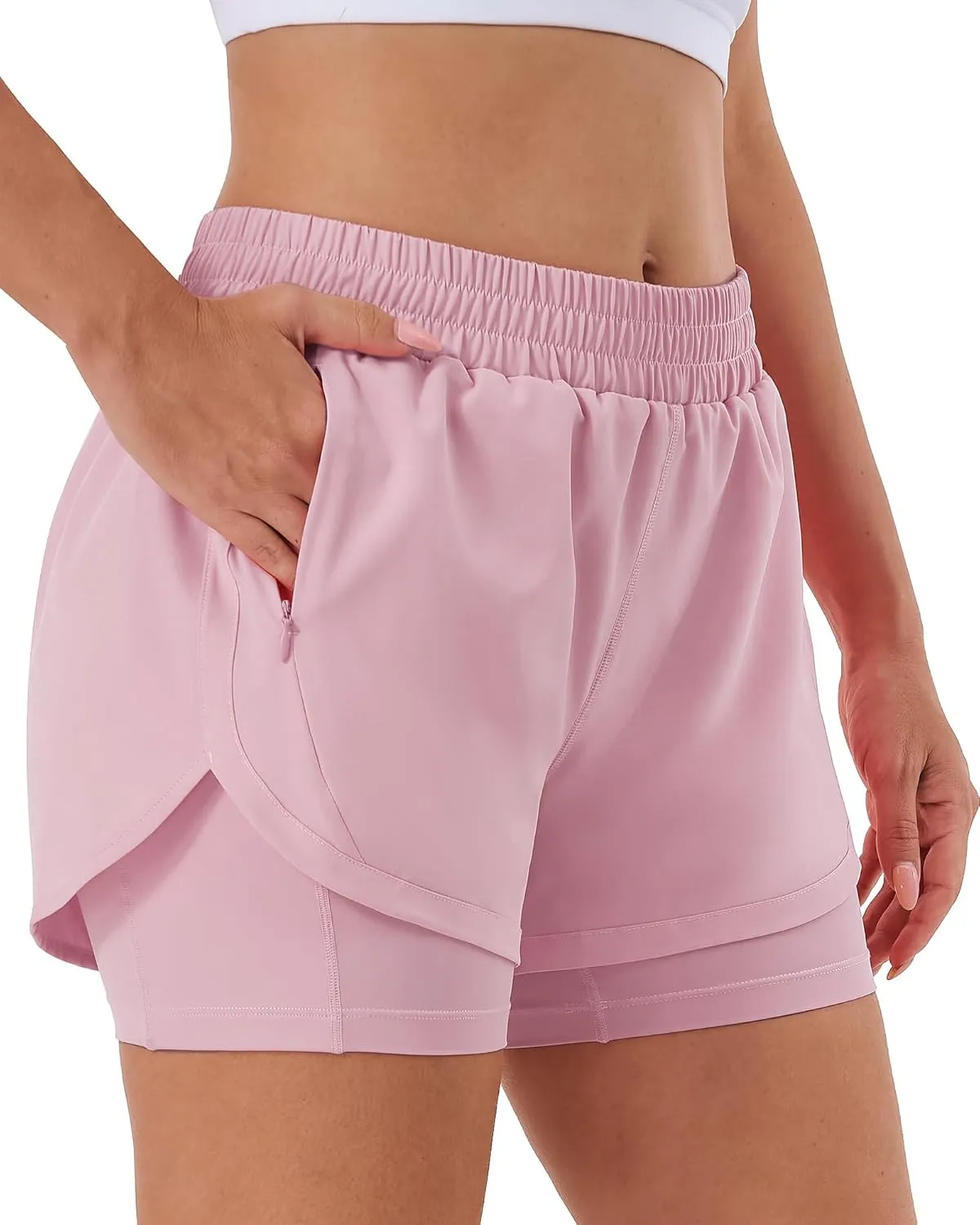 Stelle Women 2 in 1 Running Shorts High Waisted Athletic Shorts Gym Workout Shorts with Liner Zipper Pockets