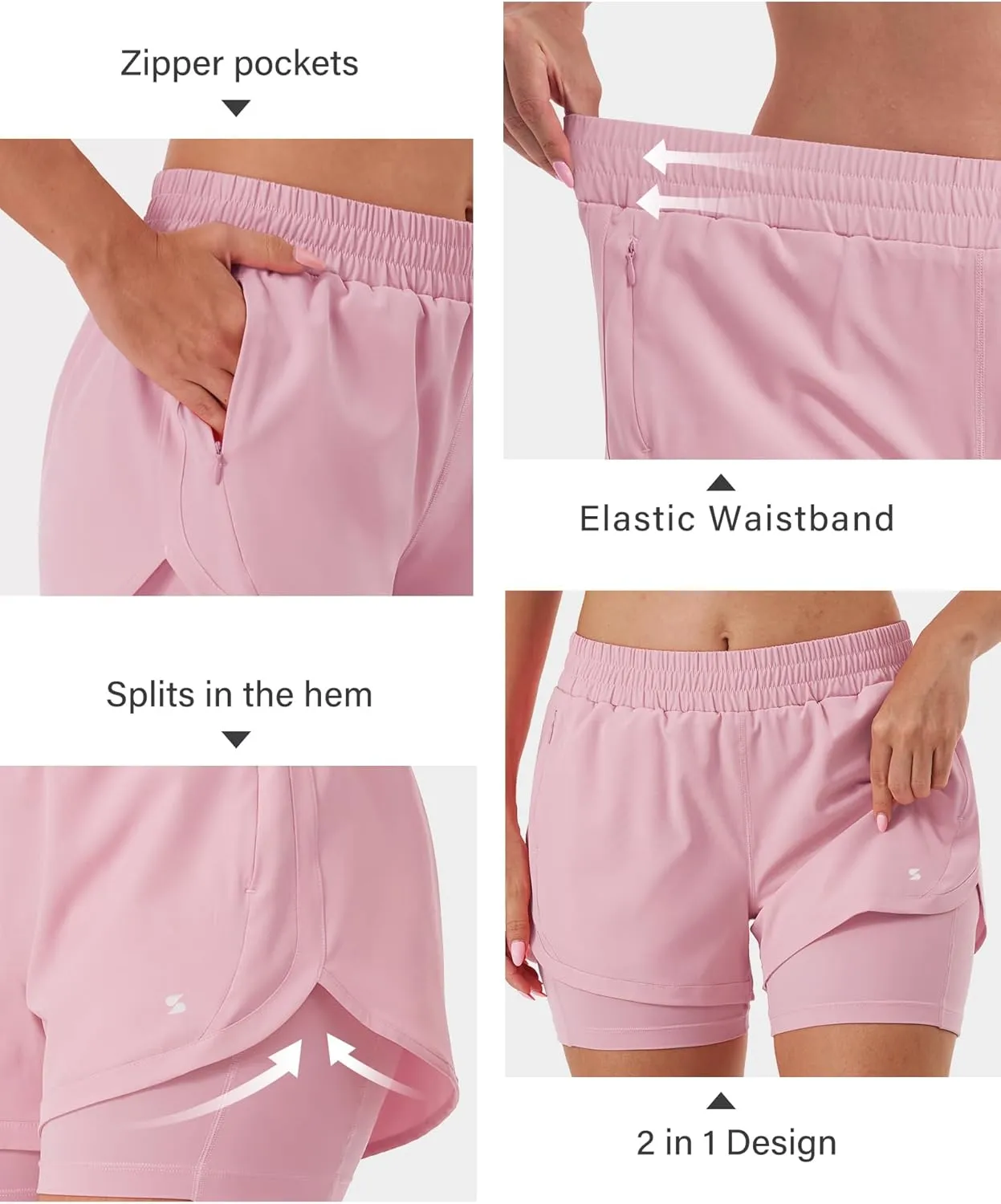 Stelle Women 2 in 1 Running Shorts High Waisted Athletic Shorts Gym Workout Shorts with Liner Zipper Pockets