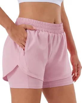 Stelle Women 2 in 1 Running Shorts High Waisted Athletic Shorts Gym Workout Shorts with Liner Zipper Pockets