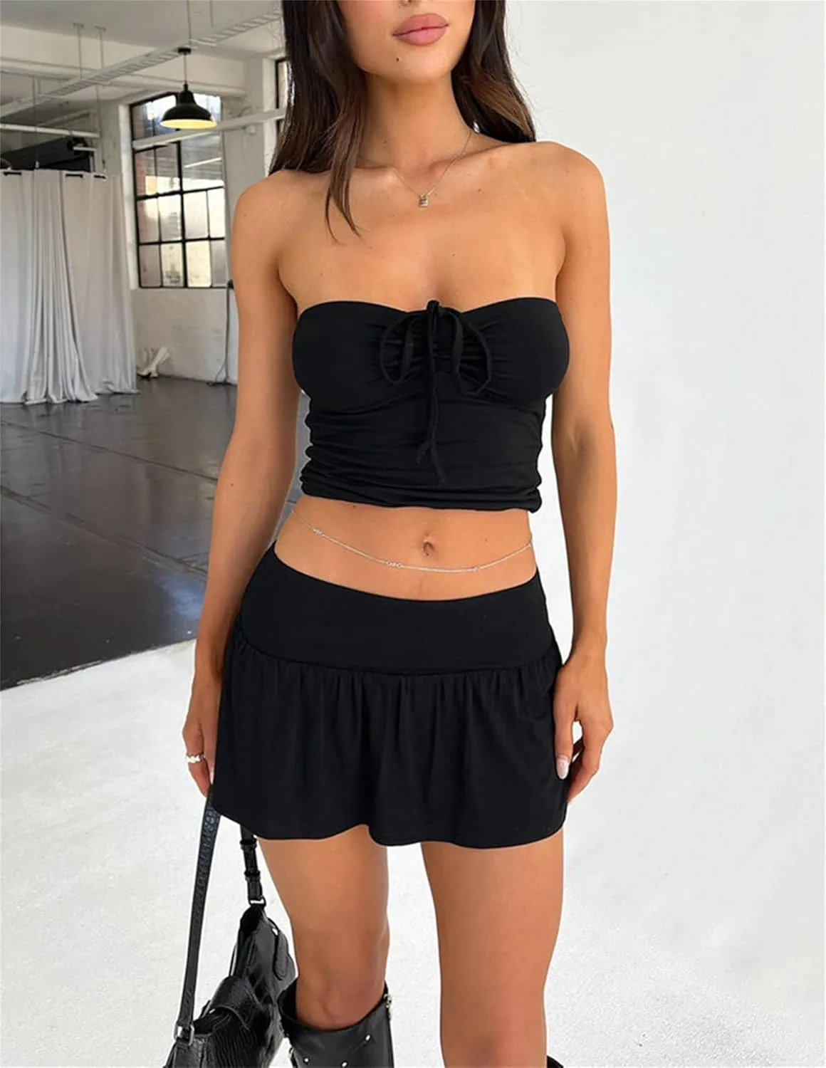 Summer Two Piece Outfits for Women Y2K Going Out Tie Ruched Tube Crop Tops Low Rise Pleated Mini Skort Skirt Sets