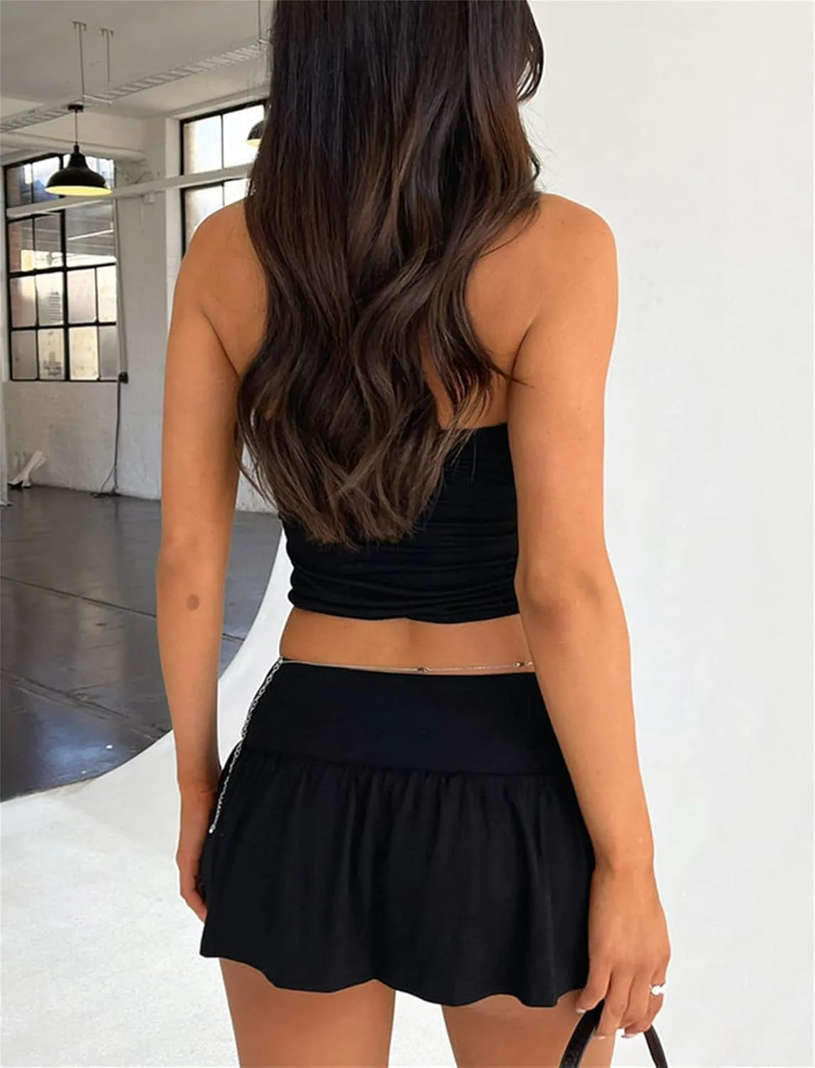 Summer Two Piece Outfits for Women Y2K Going Out Tie Ruched Tube Crop Tops Low Rise Pleated Mini Skort Skirt Sets