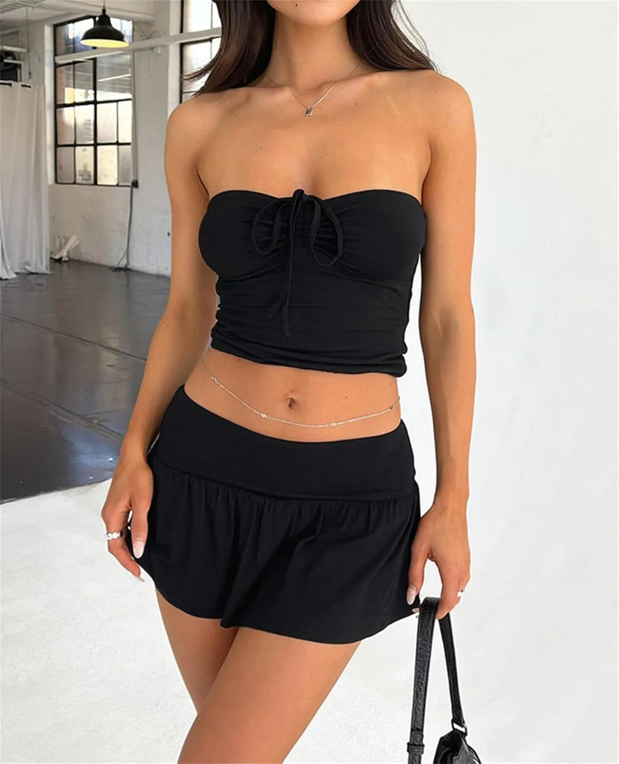 Summer Two Piece Outfits for Women Y2K Going Out Tie Ruched Tube Crop Tops Low Rise Pleated Mini Skort Skirt Sets