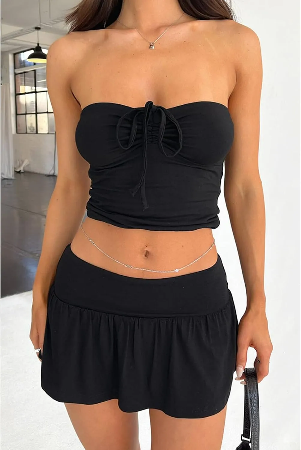 Summer Two Piece Outfits for Women Y2K Going Out Tie Ruched Tube Crop Tops Low Rise Pleated Mini Skort Skirt Sets