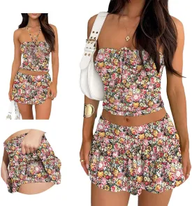 Summer Two Piece Outfits for Women Y2K Going Out Tie Ruched Tube Crop Tops Low Rise Pleated Mini Skort Skirt Sets