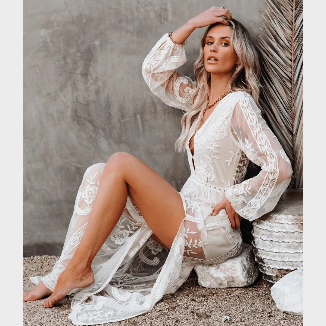 White Boho Lace Maxi Dress