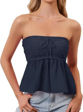 Women Floral Print Strapless Crochet Babydoll Top Y2K Cute Sleeveless Bandeau Tube Flowy Going Out Peplum Tops