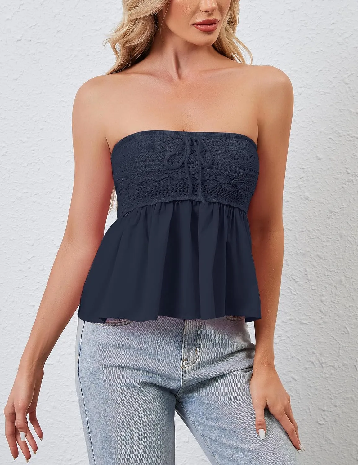 Women Floral Print Strapless Crochet Babydoll Top Y2K Cute Sleeveless Bandeau Tube Flowy Going Out Peplum Tops