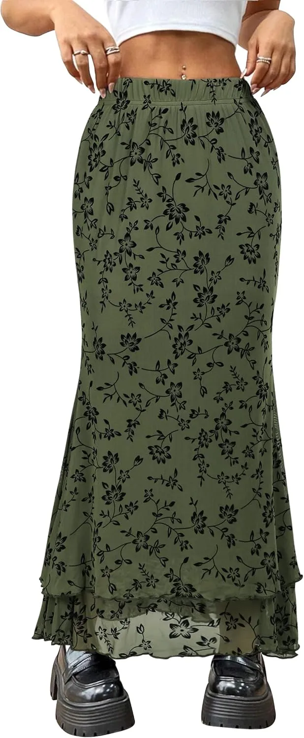 Women Maxi Skirt Ditsy Floral Mesh Skirt Summer Flowy Boho Elastic High Waisted Long Skirts Fashion Trendy