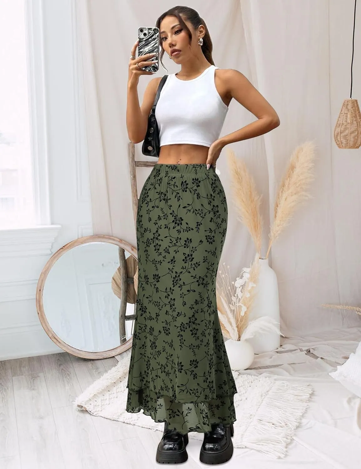 Women Maxi Skirt Ditsy Floral Mesh Skirt Summer Flowy Boho Elastic High Waisted Long Skirts Fashion Trendy