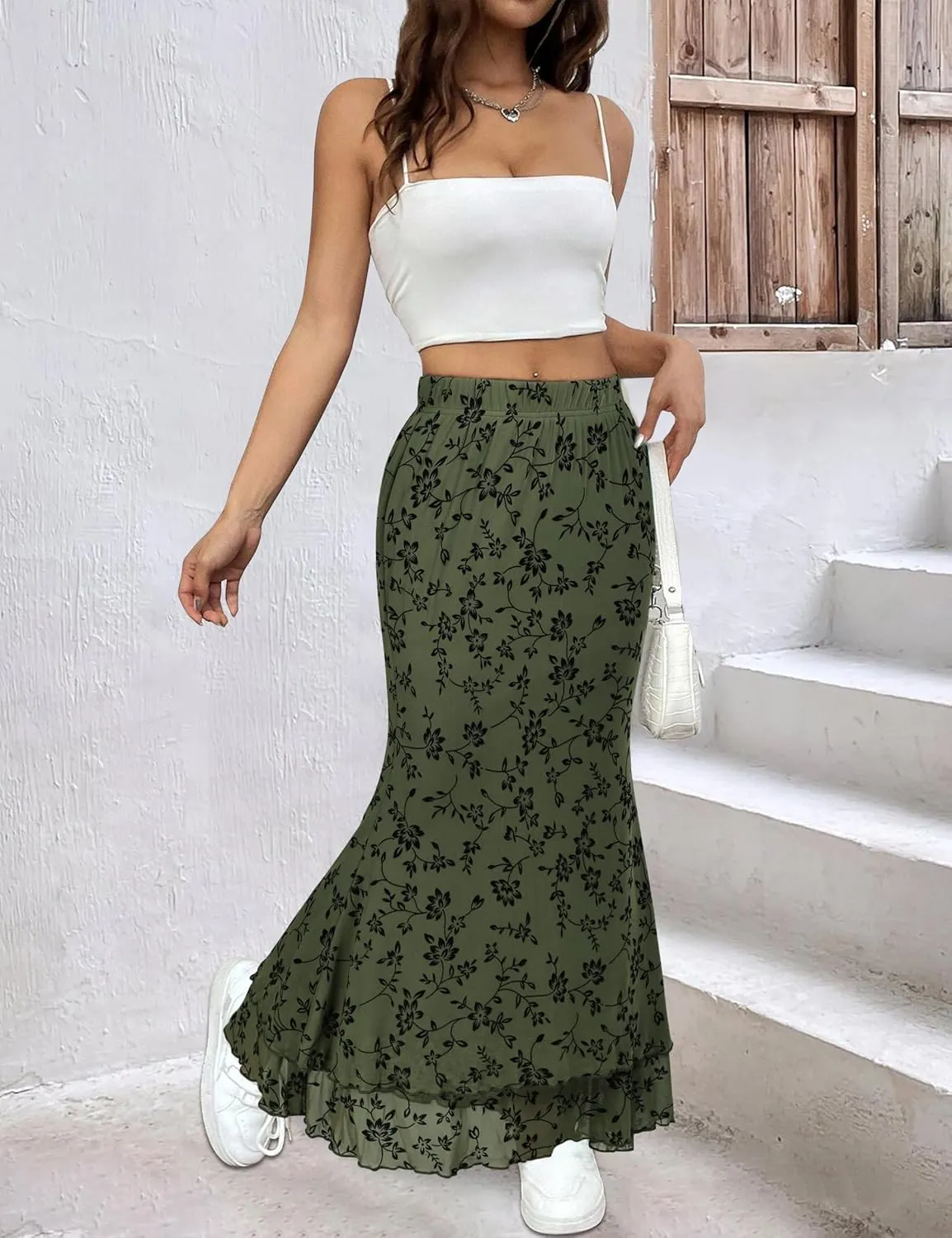 Women Maxi Skirt Ditsy Floral Mesh Skirt Summer Flowy Boho Elastic High Waisted Long Skirts Fashion Trendy
