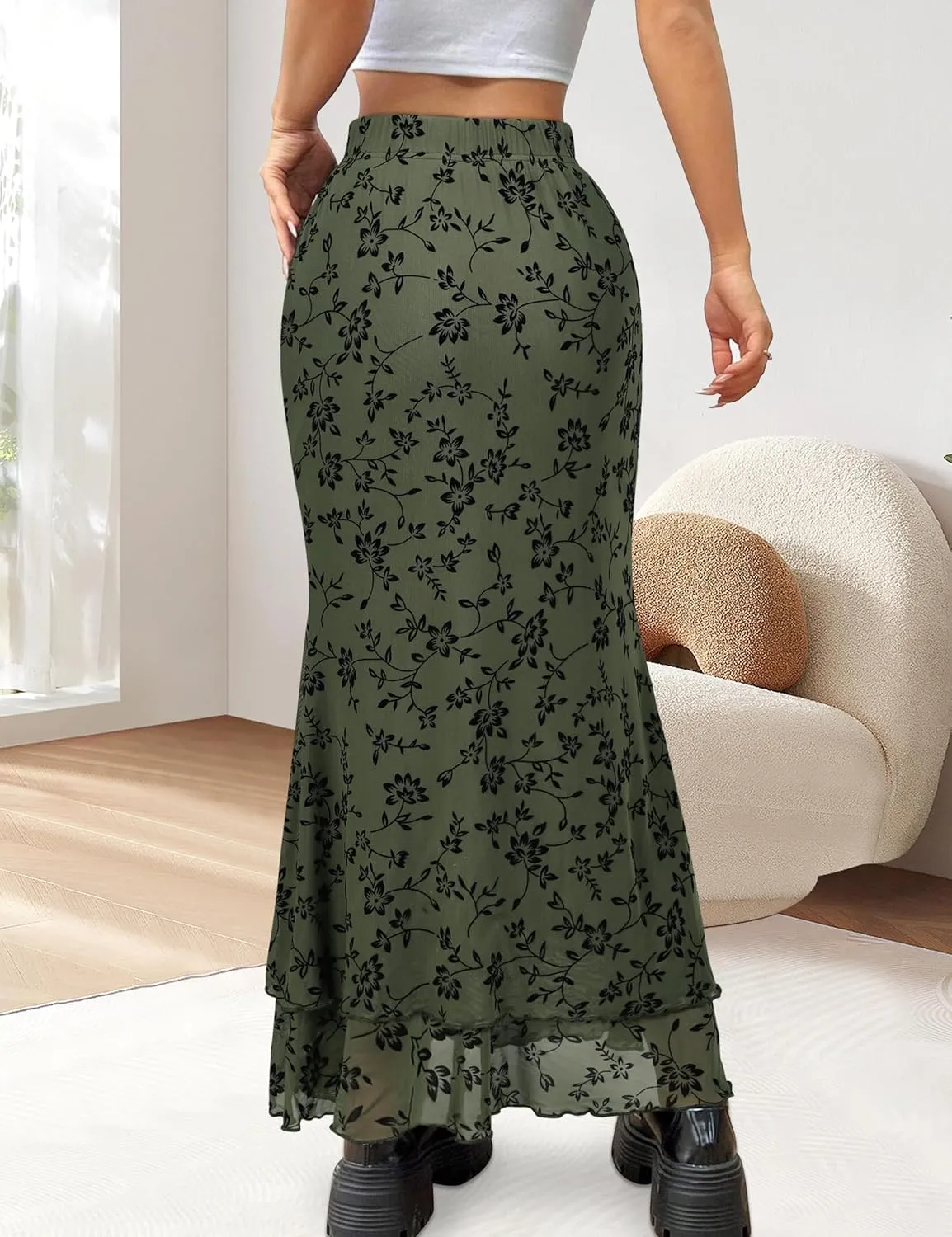 Women Maxi Skirt Ditsy Floral Mesh Skirt Summer Flowy Boho Elastic High Waisted Long Skirts Fashion Trendy