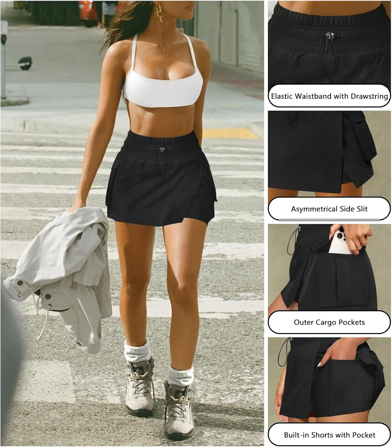 Women's Athletic Tennis Cargo Mini Skirt Skort for Women High Waisted Side Slit Pleated Golf Skater Skirts with Shorts Pocket