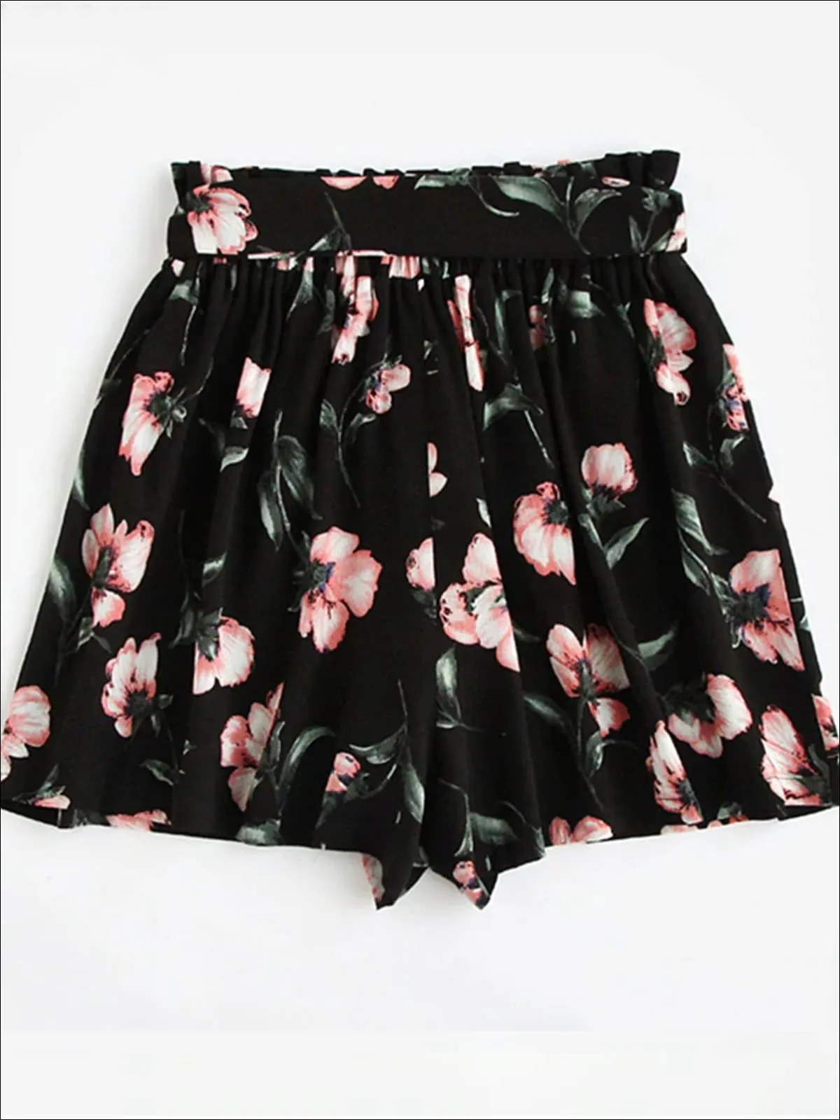 Women's Bow Tie Waist Pleated Floral Shorts