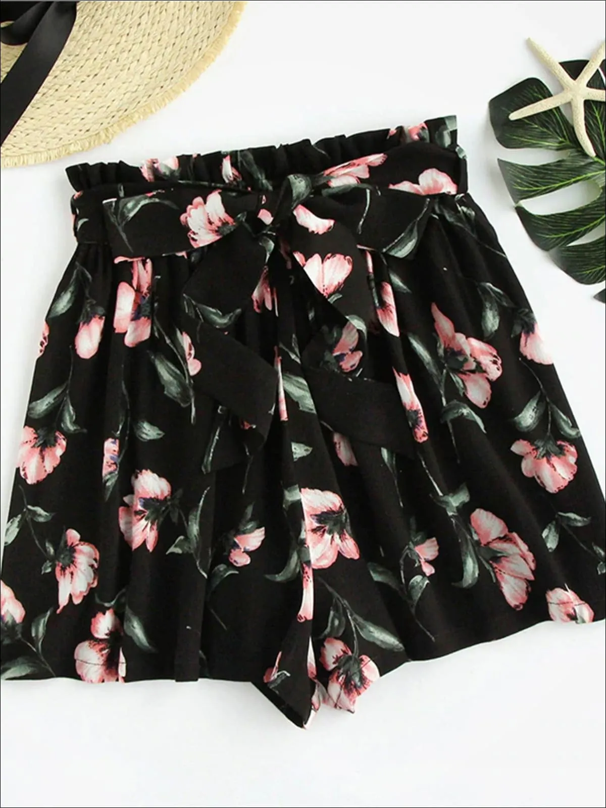Women's Bow Tie Waist Pleated Floral Shorts