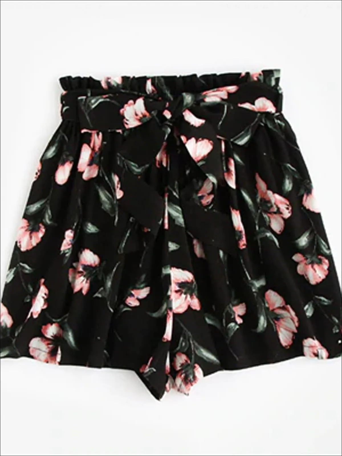 Women's Bow Tie Waist Pleated Floral Shorts