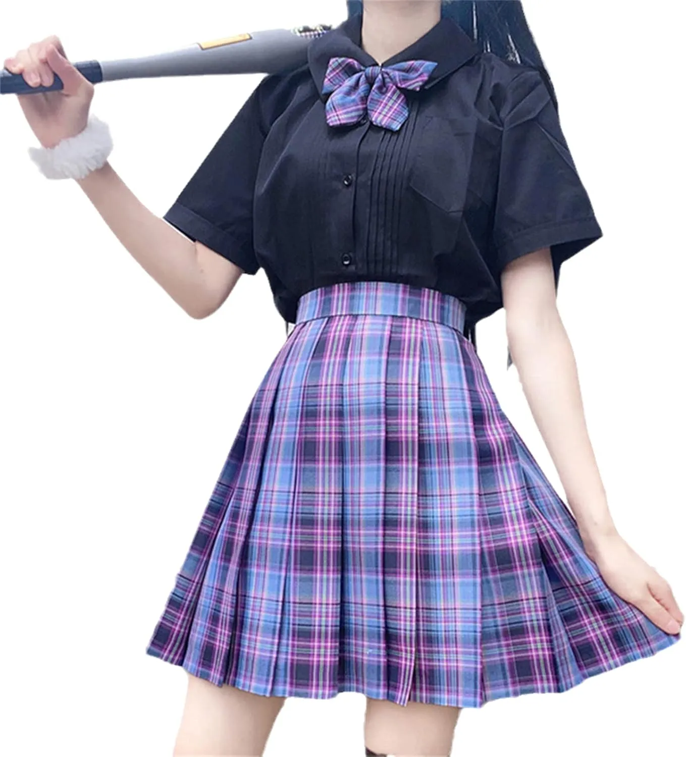 Women's College Style JK Plaid Pleated Skirt School Cheerleading Mini Skirt Sports Tennis Skirt Send Bow Tie