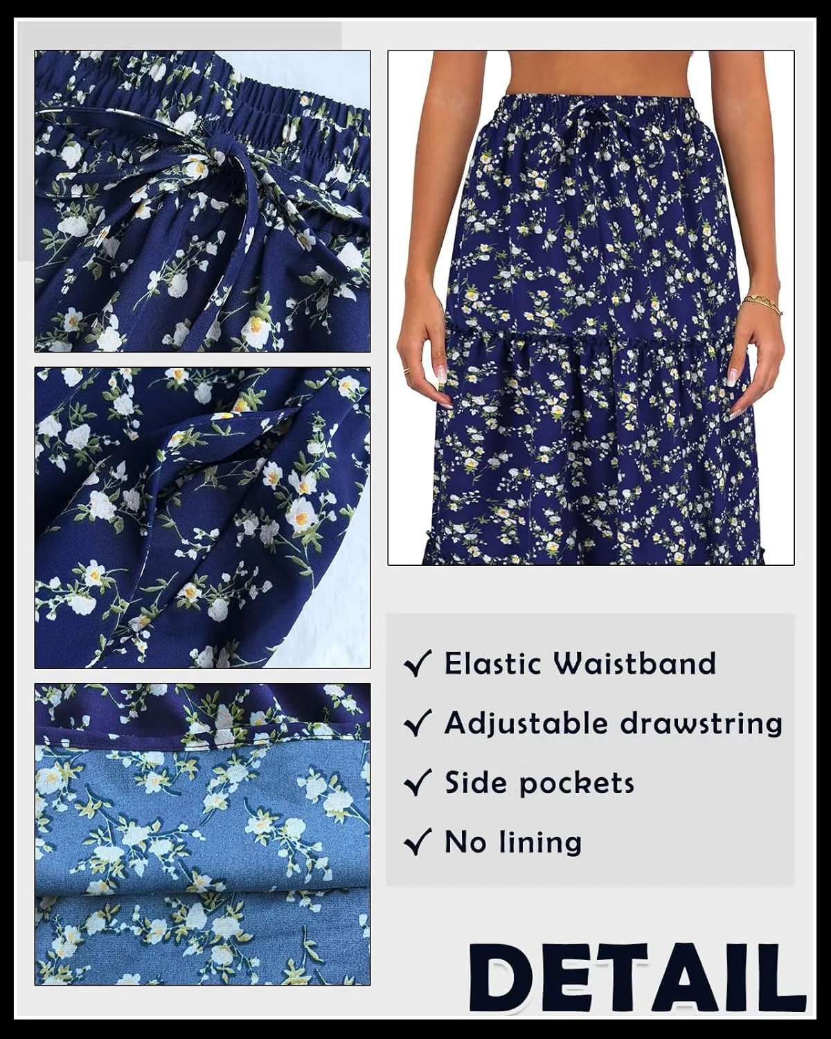 Women's Drawstring Elastic High Waisted Boho Floral Print Maxi Skirt Summer A-Line Flowy Long Skirts with Pockets