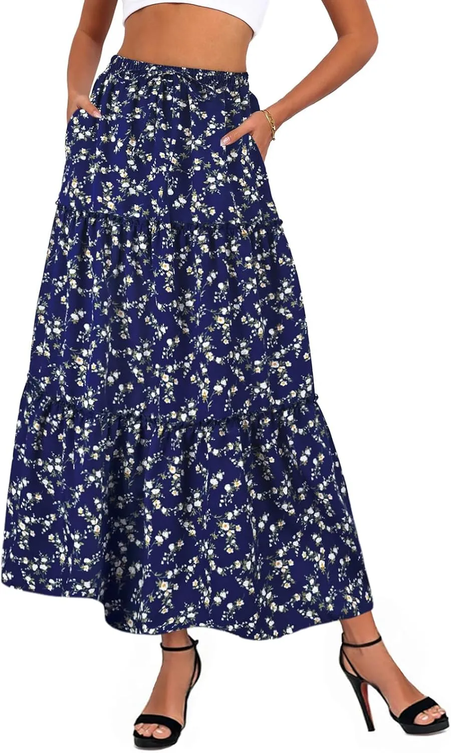Women's Drawstring Elastic High Waisted Boho Floral Print Maxi Skirt Summer A-Line Flowy Long Skirts with Pockets