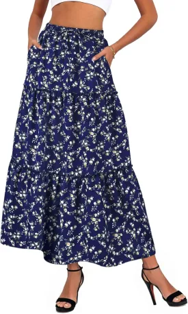Women's Drawstring Elastic High Waisted Boho Floral Print Maxi Skirt Summer A-Line Flowy Long Skirts with Pockets