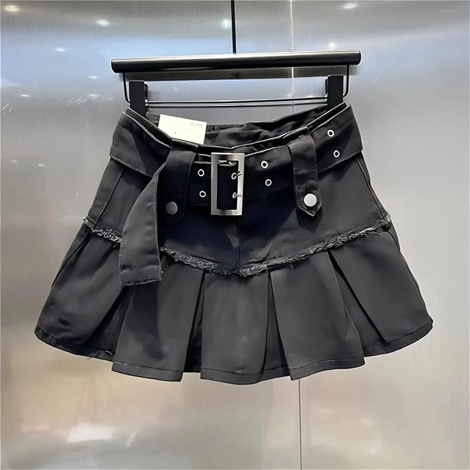 Women's High Waist Denim Mini Skirt Adjustable Belt Fringe Trim Pleated Jeans Skirts Summer Beach Vacation Outfits