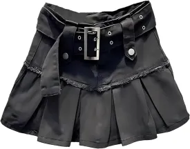 Women's High Waist Denim Mini Skirt Adjustable Belt Fringe Trim Pleated Jeans Skirts Summer Beach Vacation Outfits