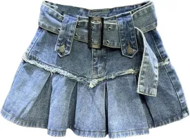 Women's High Waist Denim Mini Skirt Adjustable Belt Fringe Trim Pleated Jeans Skirts Summer Beach Vacation Outfits