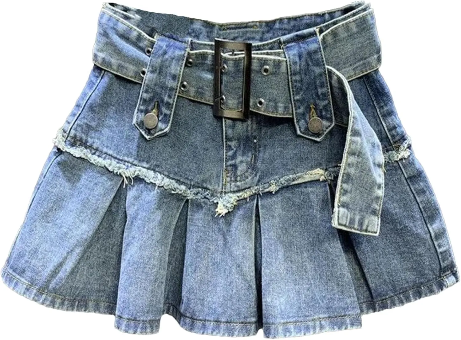 Women's High Waist Denim Mini Skirt Adjustable Belt Fringe Trim Pleated Jeans Skirts Summer Beach Vacation Outfits