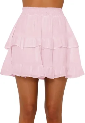 Women's Pleated Ruffles Flared Skirt Casual Boho Tiered Flowy Basic Casual High Waisted Mini Skater Skirts